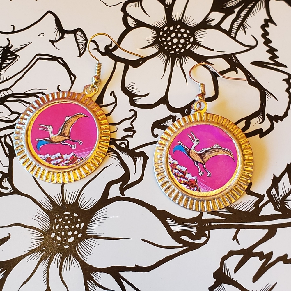 Vintage Dinosaur Dangle Earrings Weird Stuff EUC